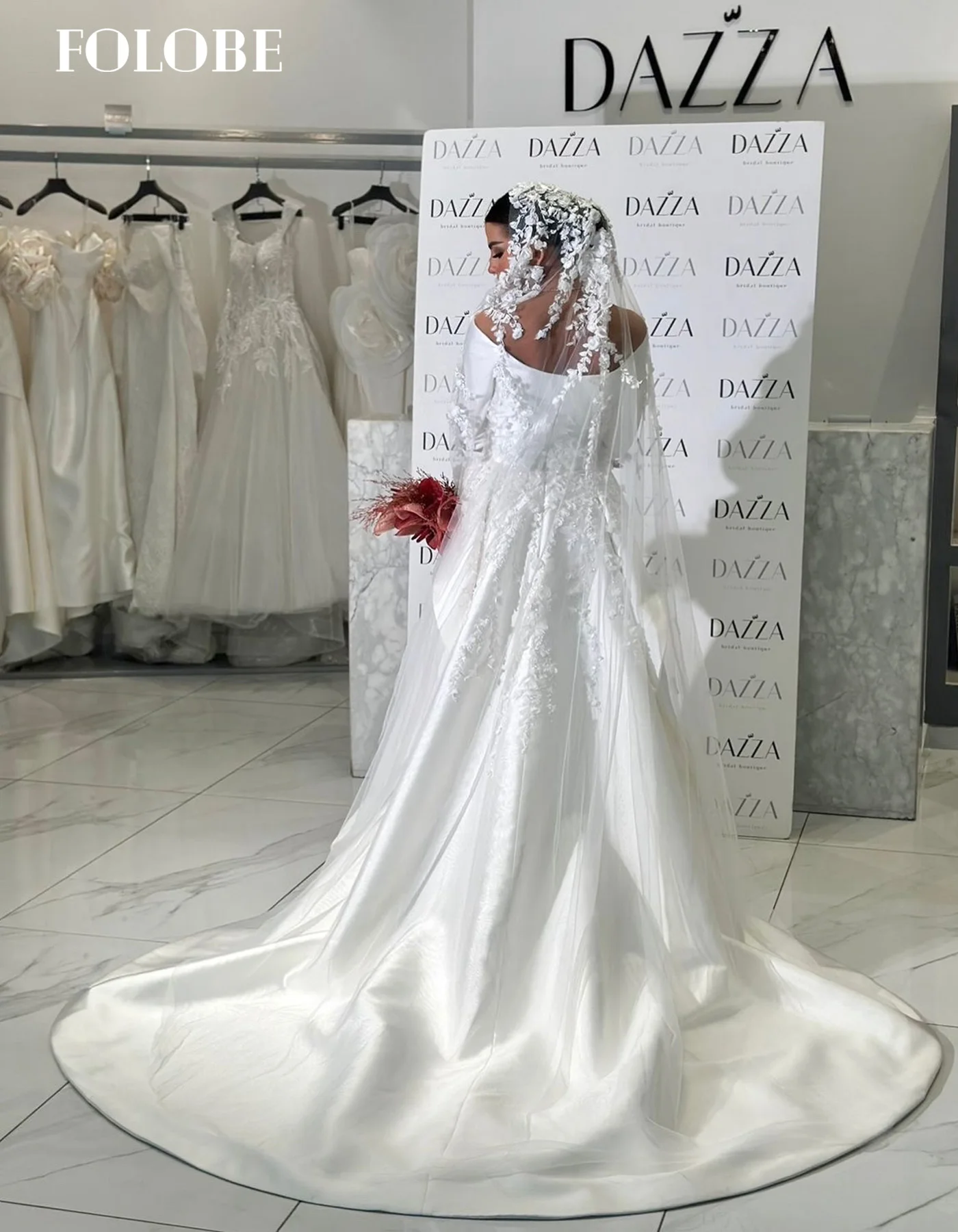 FOLOBE épaules dénudées robe De mariée femme sirène avec des fleurs robes De mariée Appliques sans manches Tulle Vestido De Novia personnalisé