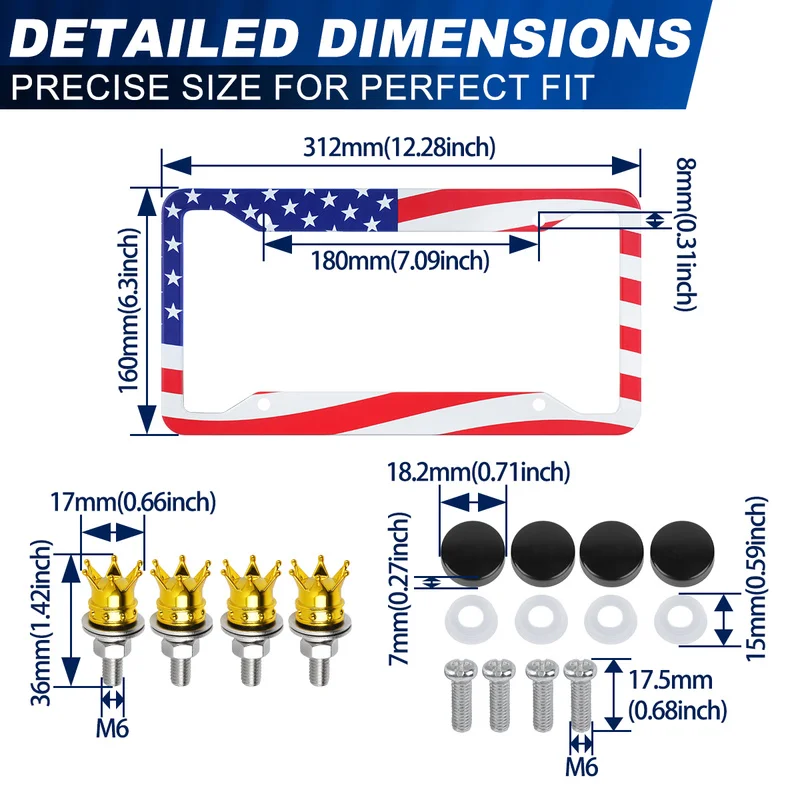 USA Flag Patriotic Car License Plate Frame with Gold Crown Style Decorative Bolt Covers for US License Plate