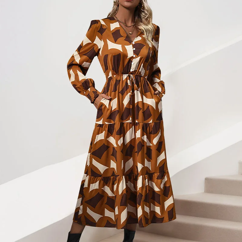 

New Style V-neck Dress Button Geometric Graphics