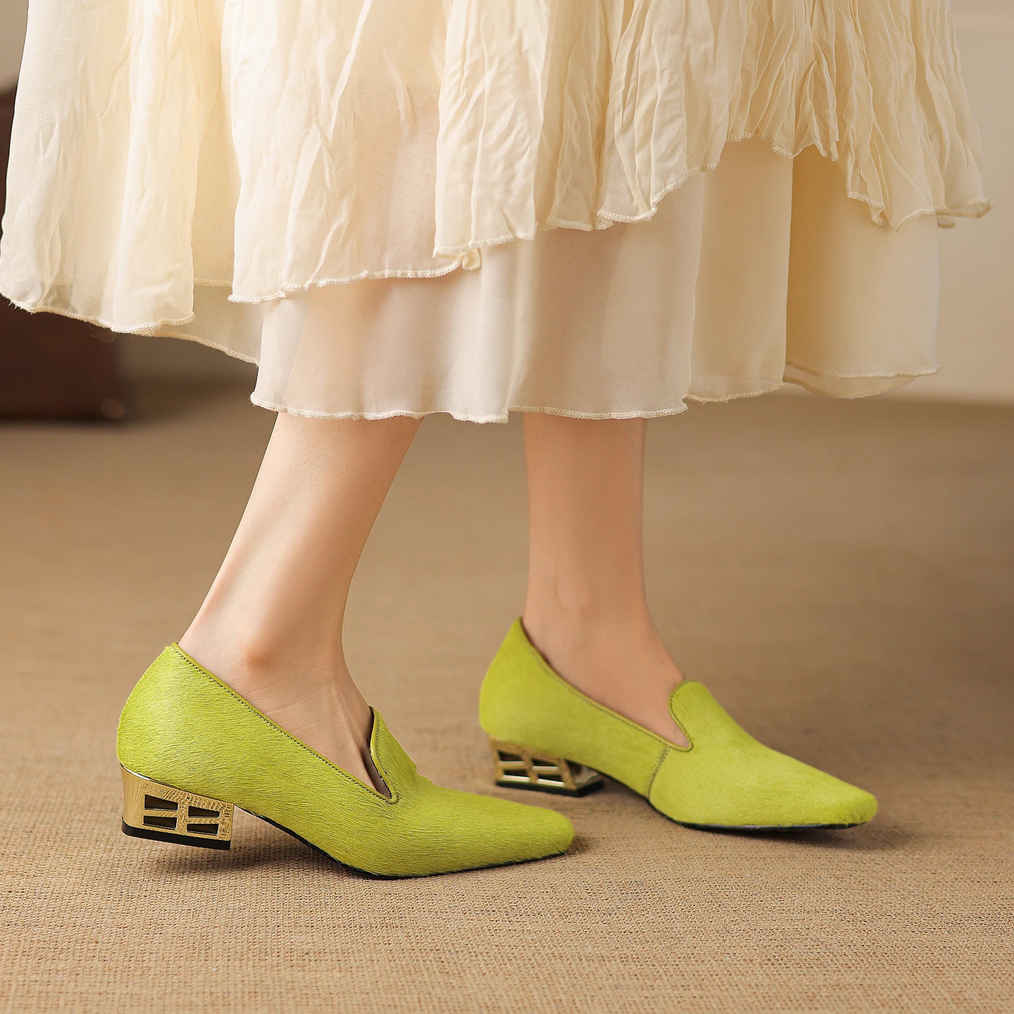 

Genuine Leather Horsehair Womens shoes, Shallow Slip-on High Heels,Elegant Party Women Pumps