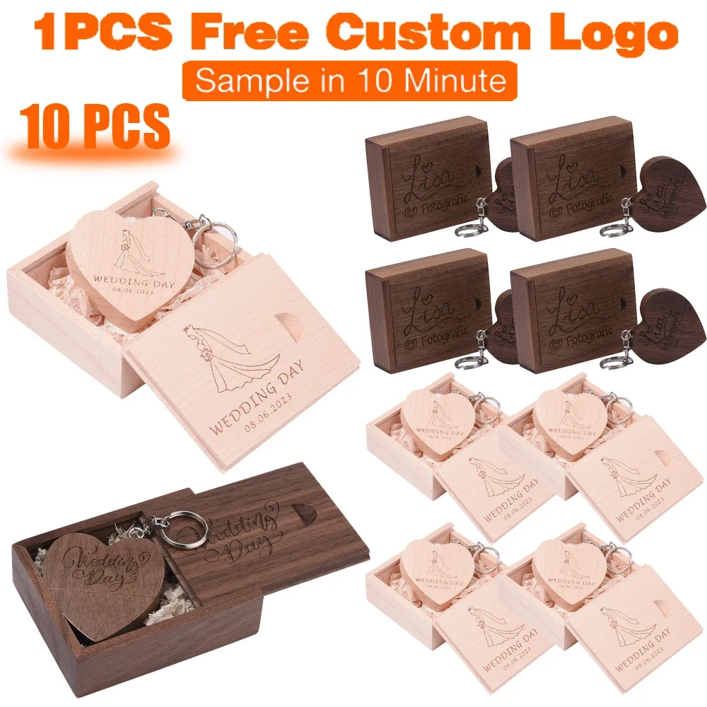 10 PCS Free LOGO Wooden Love Heart USB Flash Drive 128GB 64GB Key Chain Wedding Gift Pen Drives 32GB Real Capacity Memory Stick