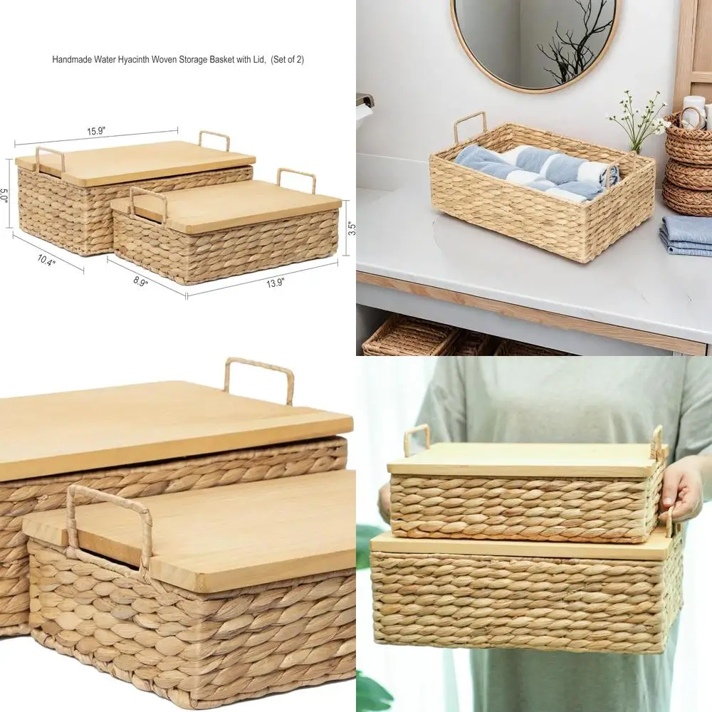 

Multipurpose Woven Water Hyacinth Baskets with Lids, Set of 2 for Storage and Organization