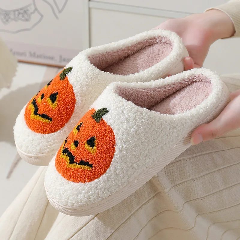 Halloween Kürbis Plüsch Pantoffel lustige Geist flauschige Hausschuhe Indoor warme Anti-Rutsch-Laterne Schuh gemütliche Haus Schuhe für Männer Frauen