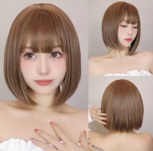 Light Brown Synthetic Wigs Straight Short Bob Cut with Bangs Wig for White Women Korean Daily Party Cosplay Heat Resistant Hair