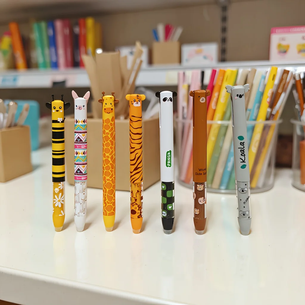 مجموعة من 5 أقلام جل مزدوجة الدفع قابلة للمسح - حبر أزرق/أحمر 0.5 مم، تصميم حيوانات، أقلام حبر جاف أساسية للمدرسة