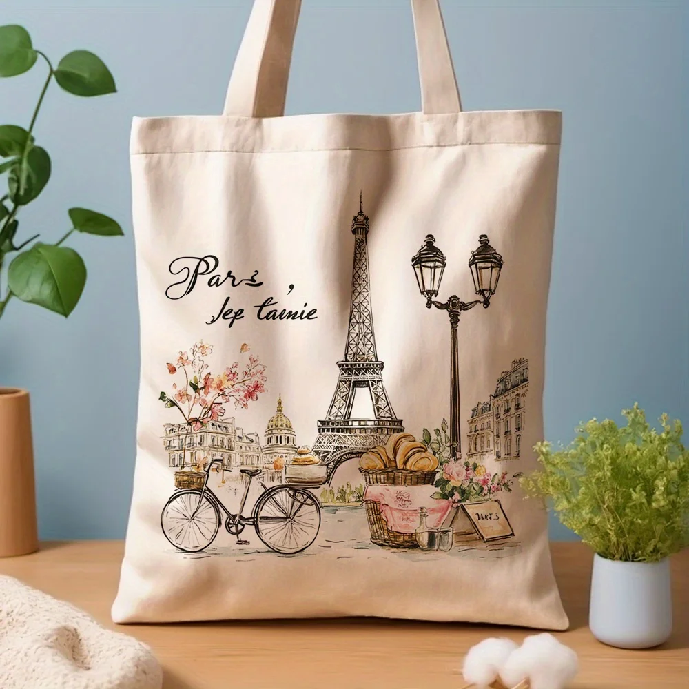 1 Piece of Fashionable Parisian Street Style Canvas Shoulder Bag with Eiffel Tower, Pastry, and Floral Designs