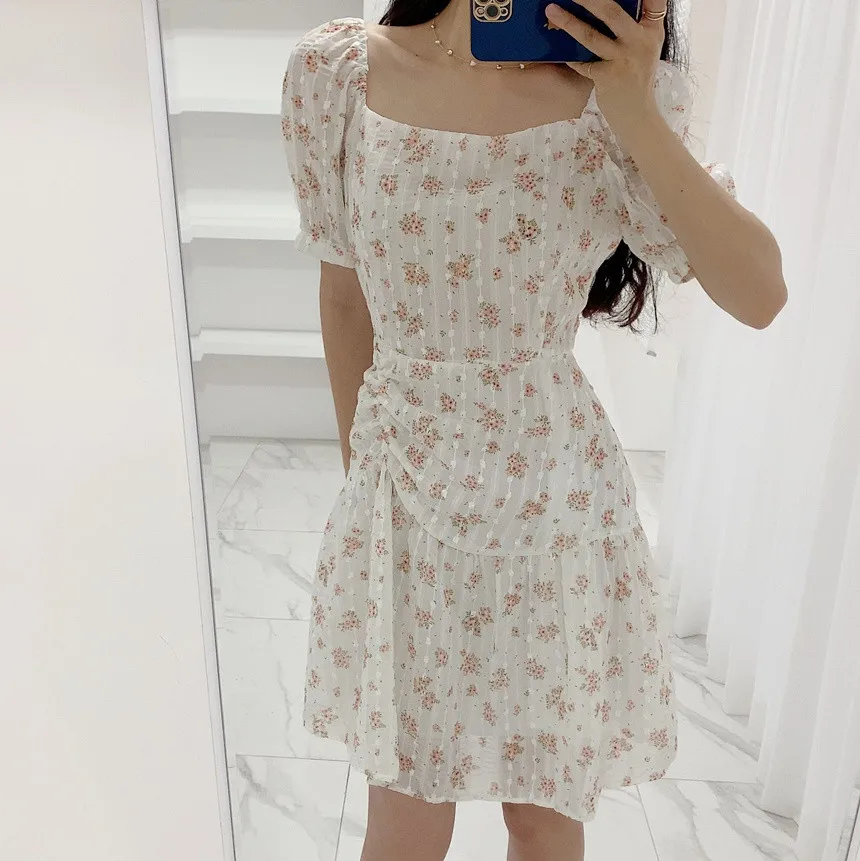 Floral Print Puff Sve Dr A-Line  Skirt Slimming Gathered Waist Summer Commute Sle ort Sve Square Ne Polyes...