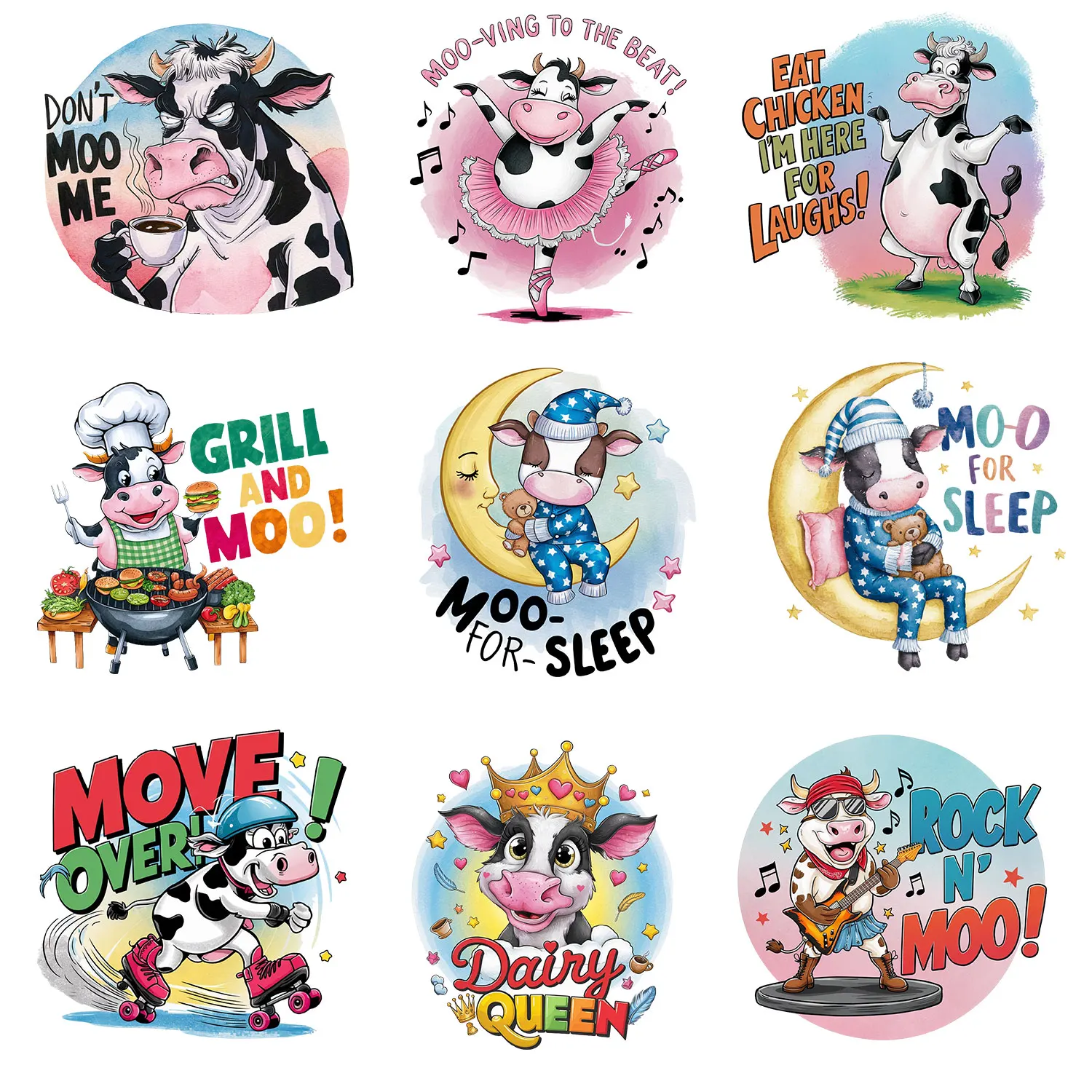 Iron on Decals Cartoon character comedy farmer milk cow Artist Color Patches for Clothes Detailed DIY Decoration