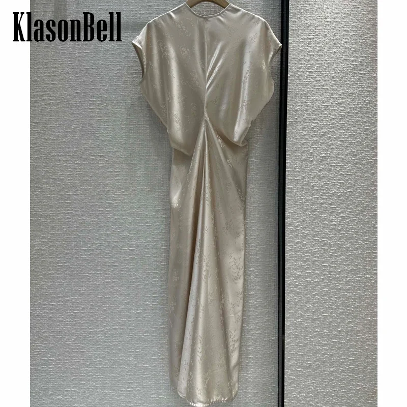 

5.15 KlasonBell Noble Acetate Jacquard Print O-Neck Ruched Raglan Sleeve Dress Elegant Temperament Collect Waist Maxi Dress