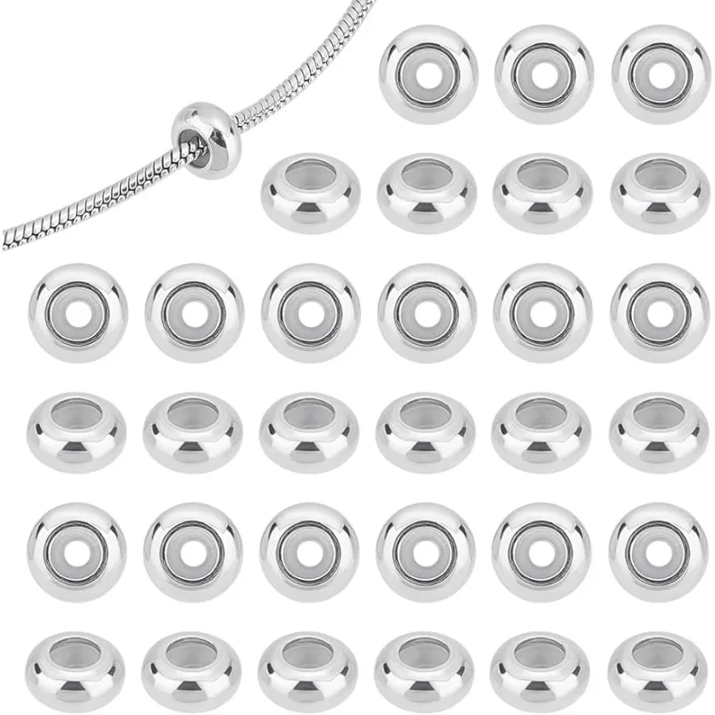 50pcs 6mm Adjustable Slider Round Beads 2mm Hole Slider Beads Stopper Beads with Rubber Inside Stainless Steel Round Beads