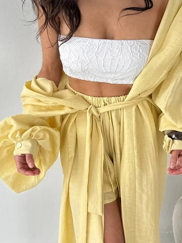 

Casual Long Cardigan Shorts Set Women Full Sleeved Coat Lace Up Short Pants Lady Sets 2025 Summer Elegant Female 2 Pieces Suit