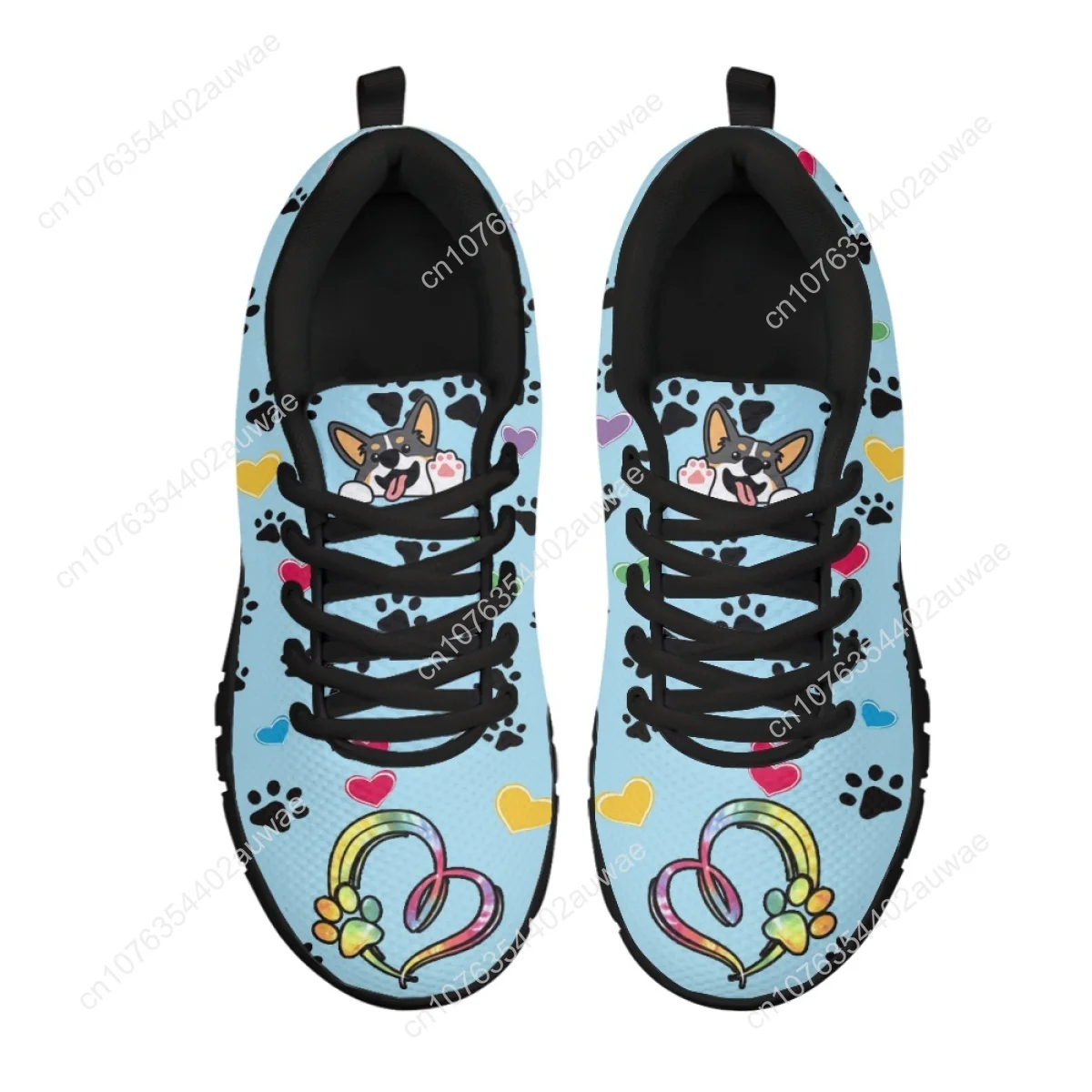 Galês Corgi Cartoon Padrão Sapatos baixos para amantes de cães, leve Lace Up Sneakers, calçado de caminhada respirável, Kawaii