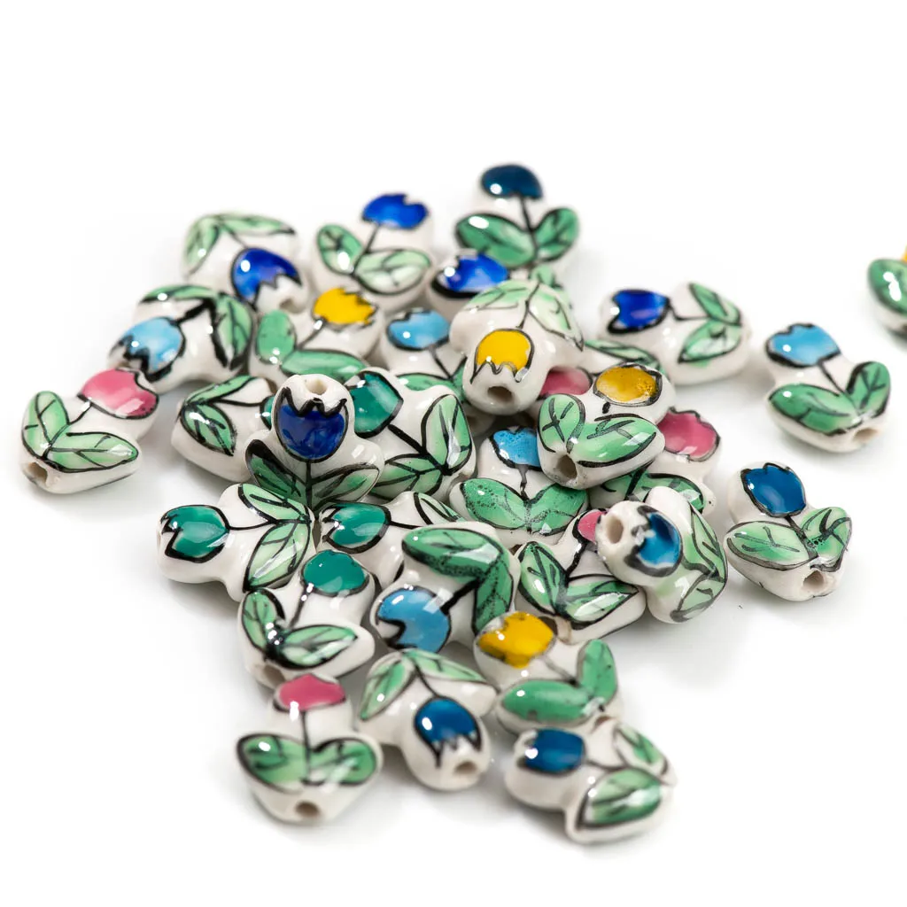 5pcs Hand-Painted Green Leaf and Flower Ceramic Beads for DIY Jewelry Bracelets and Necklaces Z714