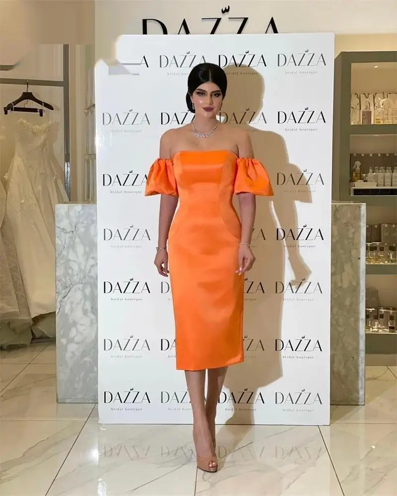 Orange Off The Shoulder Prom Dress Short Sleeves With Tea-Length Evening Summer Elegant Party Dress For Women 2024