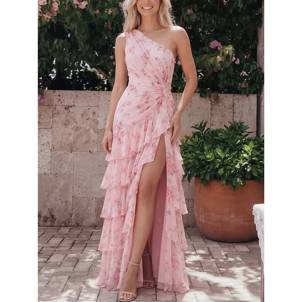 Vestido Elegante Personalizado de Un Hombro, Largo hasta el Suelo, Sin Mangas, con Pliegues y Abertura Alta, Flores Rosas, Vestidos Elegantes para Mujer para una Boda