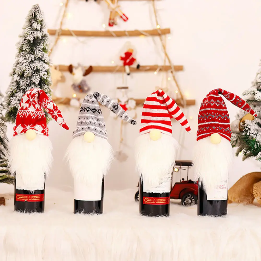 Christmas Wine Bottle Ornament Knitted Faceless Gnome Cover Home Party Festive Tableware Decoration Gift Wrap Accessory