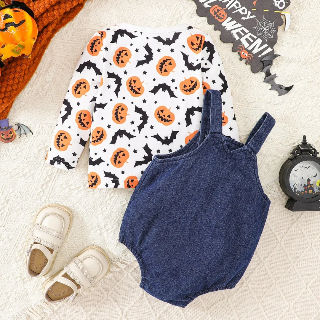 Halloween Children Clothing Baby Girls Long Sleeved Pumpkin Face Denim Rompers Overalls Set Baby Children Sleepwear Blanket