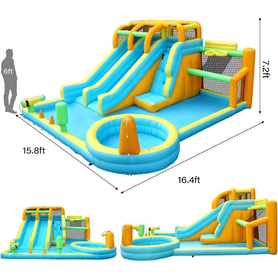 Toboggan gonflable 11 en 1 pour enfants dans l'arrière-cour avec 2 toboggans d'eau, 2 cerceaux de basket-ball, piscine, mur d'escalade, blasters d'eau, 1 min