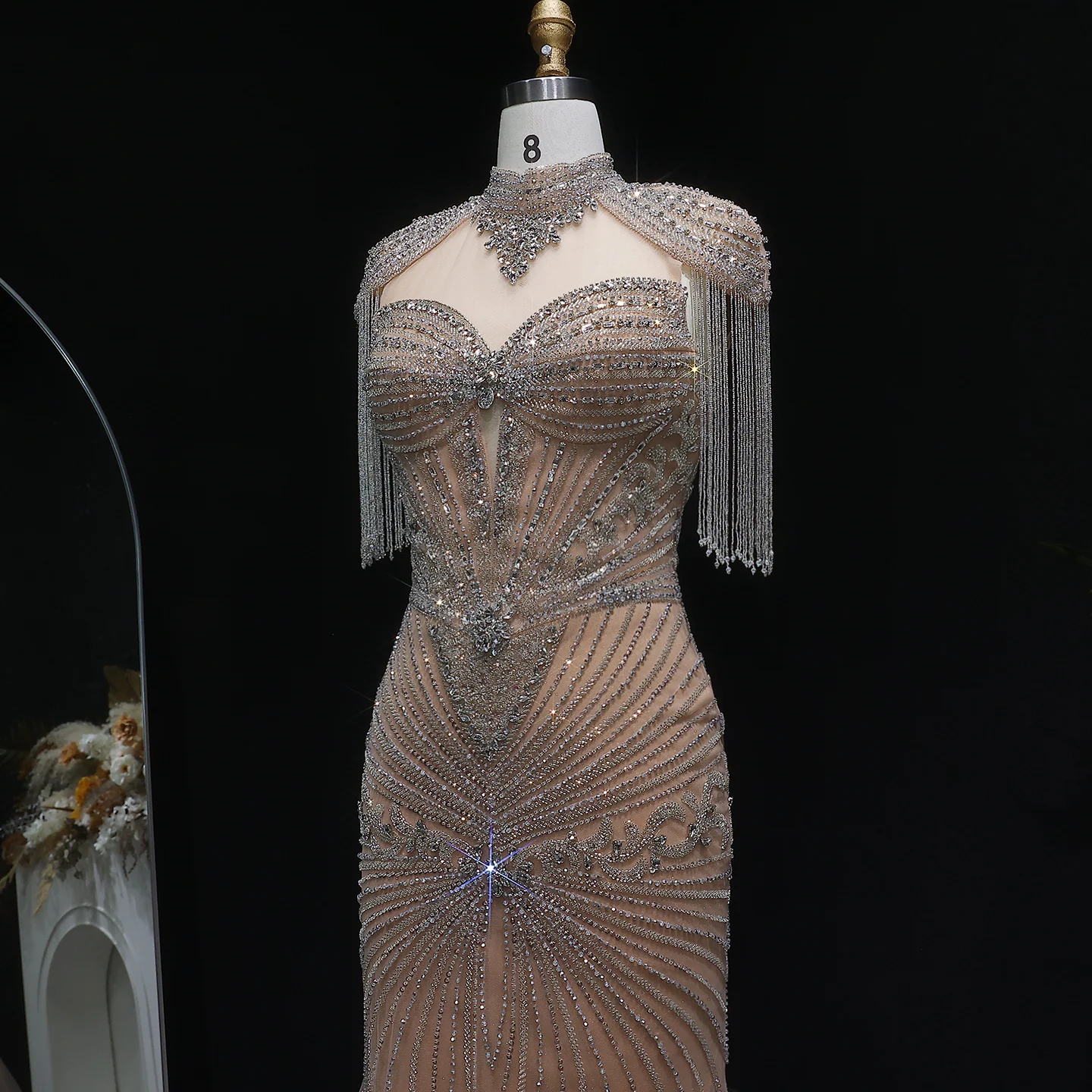 Sharon Said Arabisches Rosa Sweetheart Langes Meerjungfrauen-Abendkleid mit Cape-Quaste für Damen Hochzeitsfeier-Kleider SS190 Maßanfertigung – Detail 23