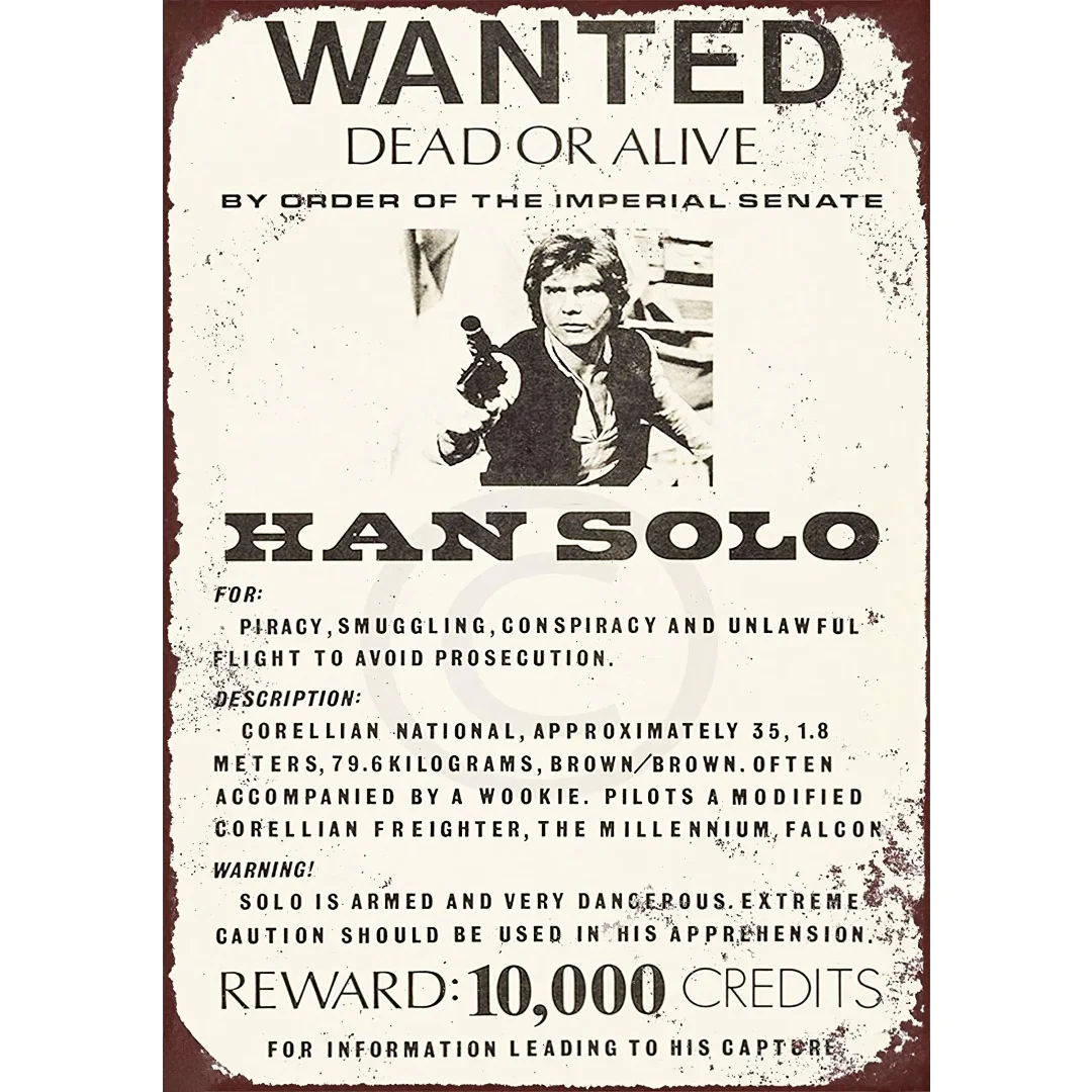 

Оловянная вывеска Настенный декор Металлические вывески Олово на заказ Kraze Han Solo Wanted Плакат Винтажная репродукция