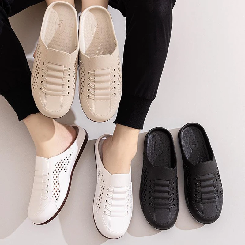 

2025 Men's shoes summer breathable hole mesh shoes slip-on lazy people heelless half-slippers fashionable versatile casual shoes