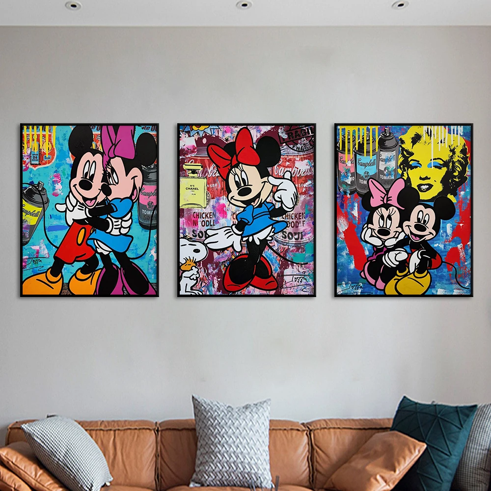 

Street Graffiti Style Wall Art Canvas Poster Mickey Minnie Spiderman Superhero Painting Print Picture for Living Room Home Decor