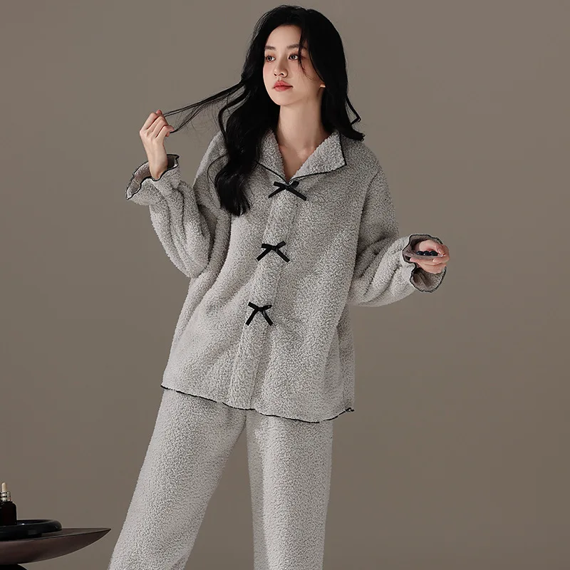 

Korean College Style Winter Pajamas Set Women Thick Flannel Pullover Trousers Sleepwear Outfits Princess Coral Fleece Loungewear