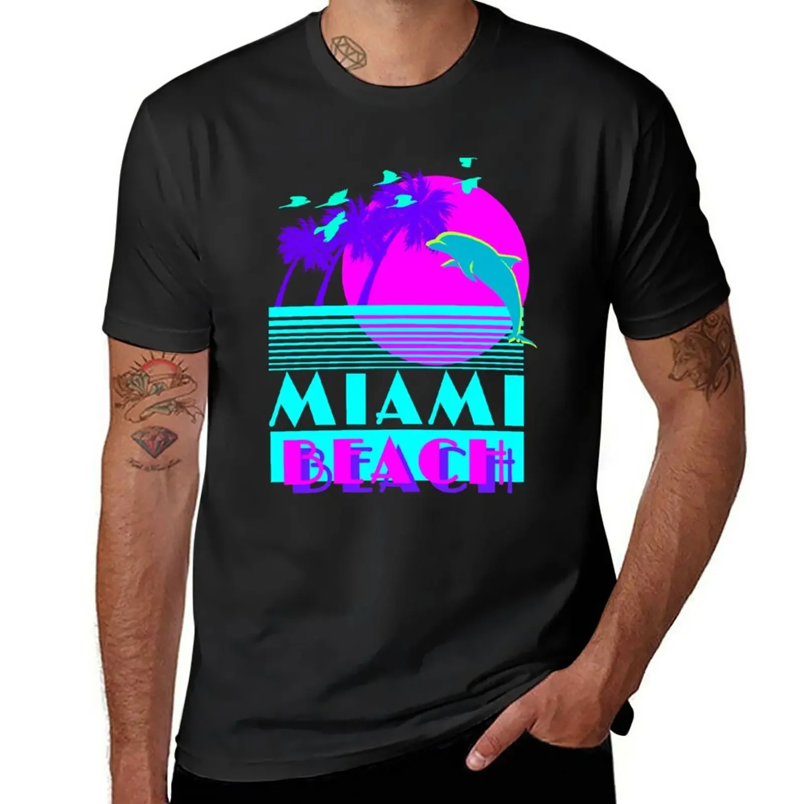 black t shirts custom t shirts Short sleeve designer t shirt men New Miami Beach Dolphin Retro T-Shirt harajuku oversized