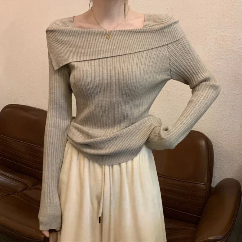 Slim Korean Style Off Shoulder Knitted Sweater Women 2024 Chic Long Sleeve Pullover Fashion Slash Neck Basic Jumper Tops Female