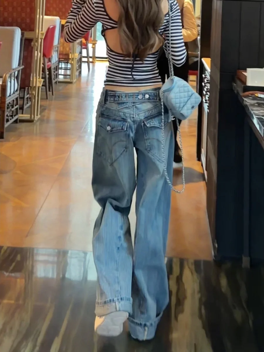 

American Retro Wide Leg Jeans Women's Summer New Loose Slim Straight Floor-Length Pants High Waist Denim Casual All Seasons