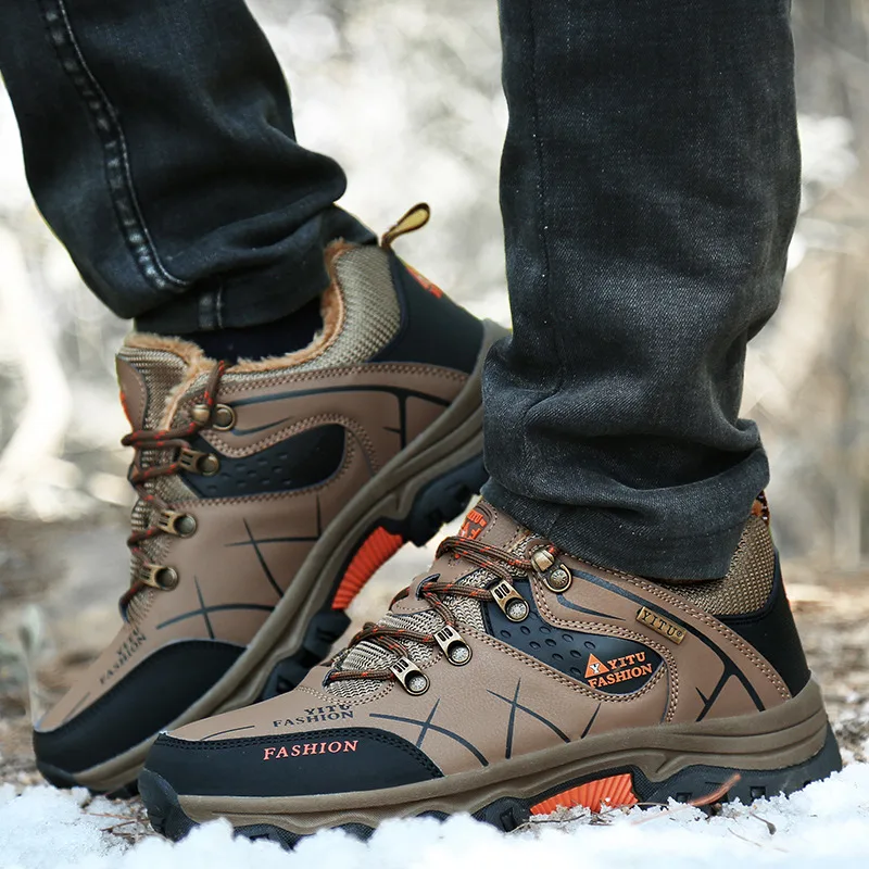 Zapatos de senderismo de cuero para hombre, zapatos cómodos para viajes al aire libre, zapatos de Camping de felpa antideslizantes, talla grande 47, invierno, nueva tendencia