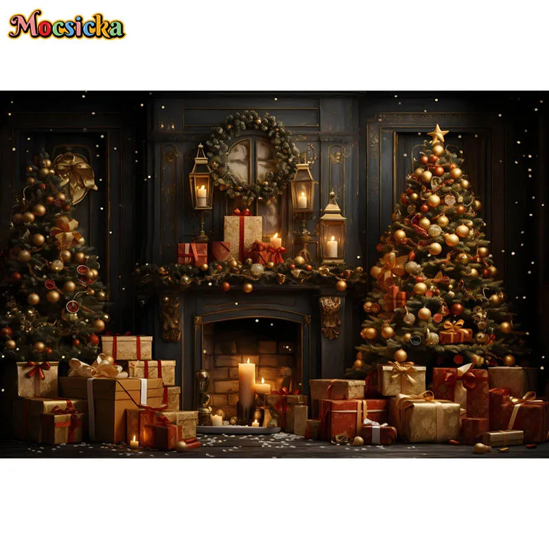 Gold Christmas Tree Fireplace Photography Background Candle Gift Winter Xmas Party Decorative Backdrop Family Portrait Photocall