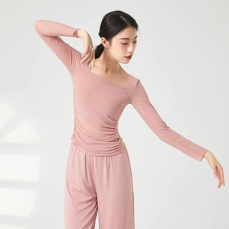 Women Classical Dancewear Tank Neck Long Sleeve Mesh Top Double Side Pleated Design Chinese Modern Style Clothes Stage Costume