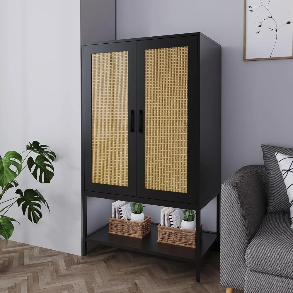 

Wardrobe Closet,Rattan Bedroom Armoires with 2 Doors,Wooden Wardrobe Cabinet with Shelves and Hanging Rod for Clothes