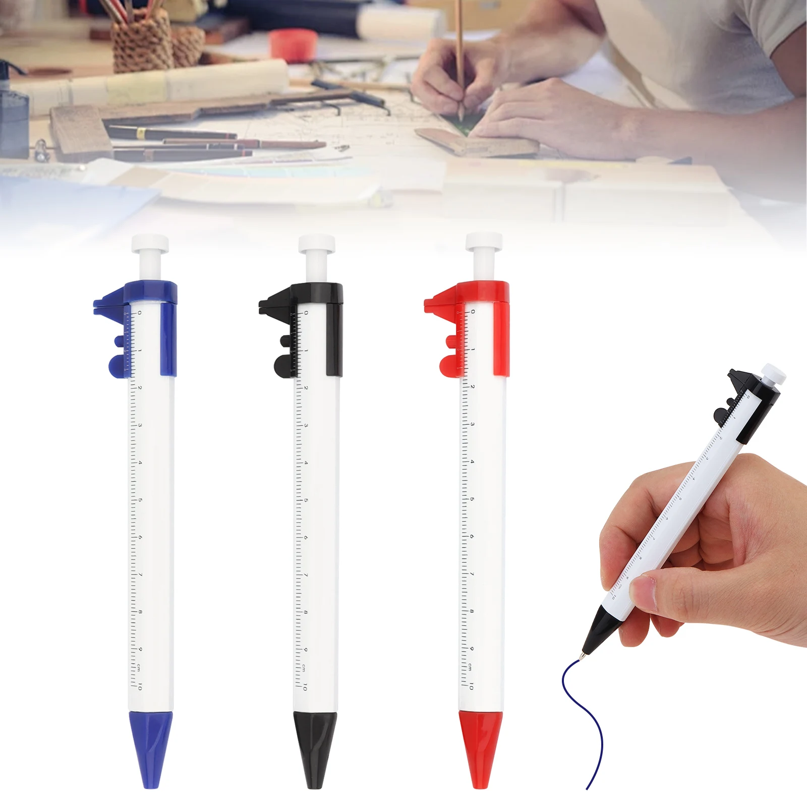 Plastic Black / Red / Blue Colors Optional 0-100mm Vernier Caliper Pen, 2 In 1 Ball-point Pen Measuring Tools