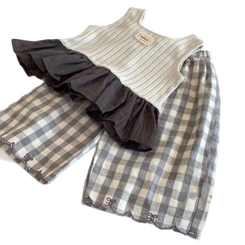 2026 Summer Girls 2Pcs Outfit Stylish Ruffle Spliced Sleeveless Vest  Casual Versatile Plaid Pants Clothing Set for Little Girls