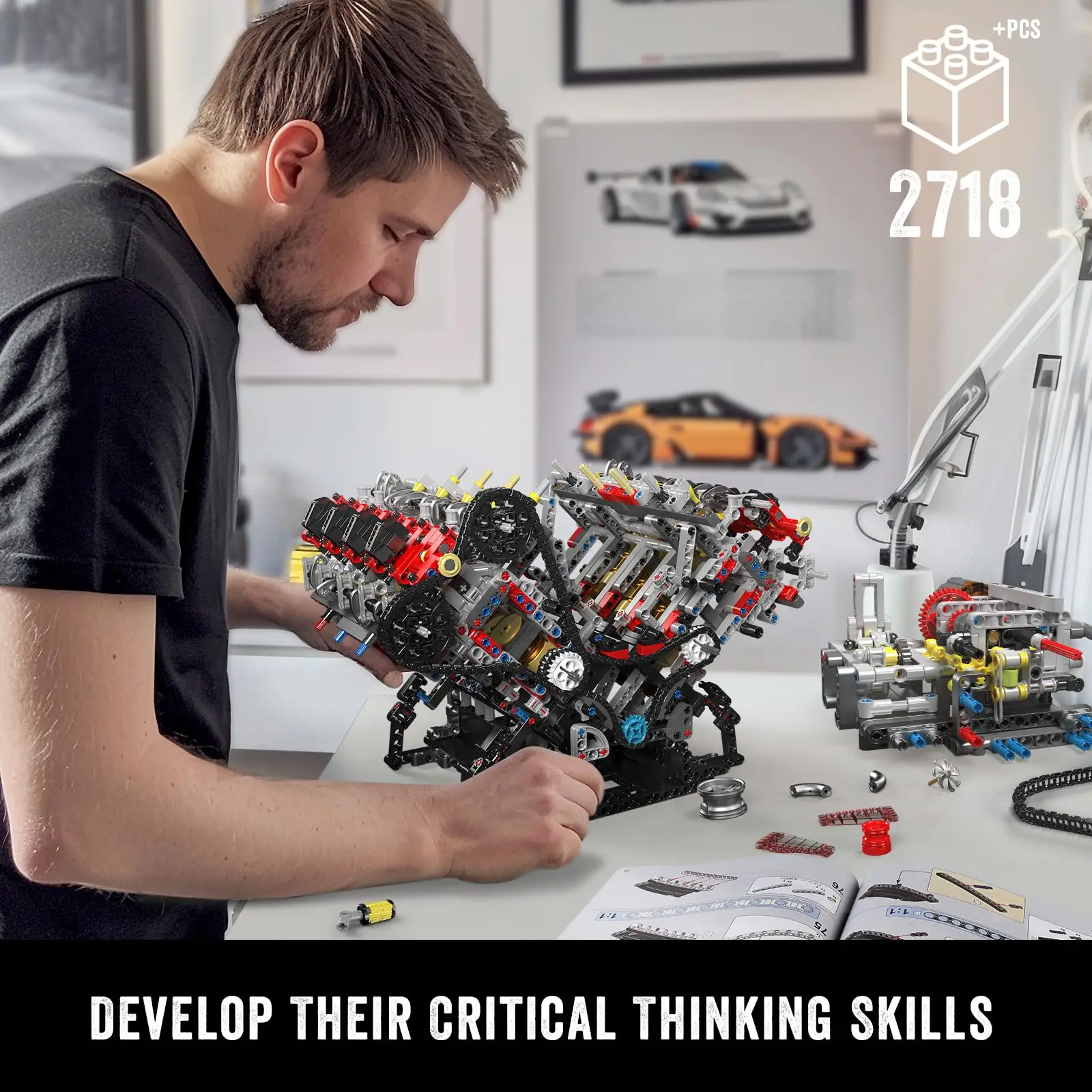 F488 Supercar V8 Engine Building Blocks Kit-2718Pcs Technology 10130 Motorized Model Twin-Turbo 8-Cyl Mechanical Engineering Set