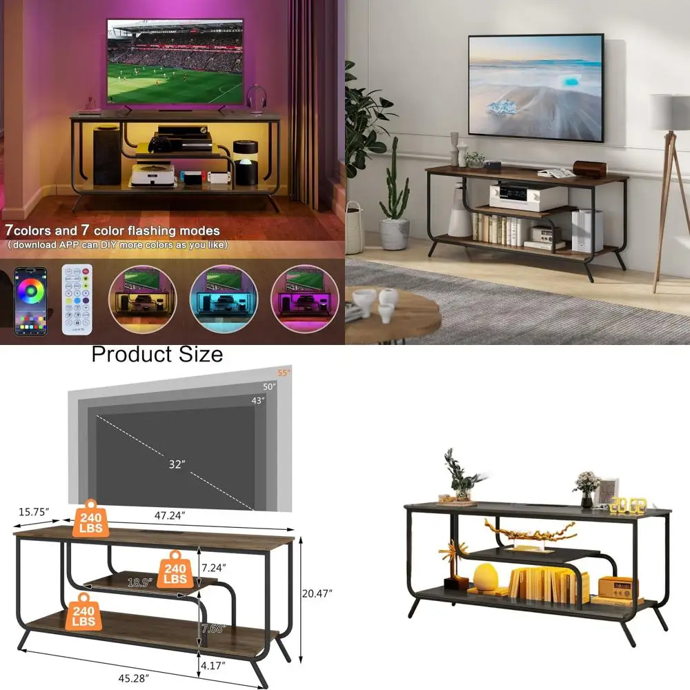 

55 TV Stand with Entertainment Center, Power Outlet, LED Lights, and Open Storage Shelves for Living Room & Bedroom