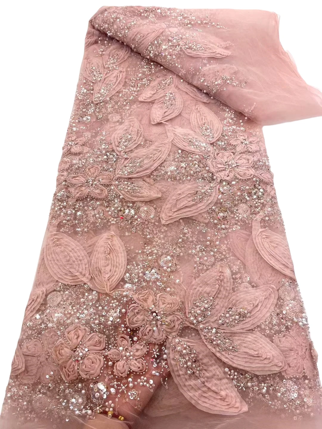 2026Latest Best Quality Elegant Delicate Embroidered Soft Chiffon lace With Lots Beads Fabric For Wedding Evening Dress U_GE2785