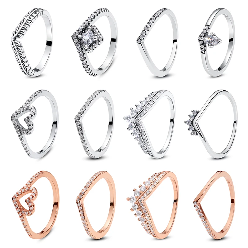 Original 925 Sterling Silver Rings For Women Wishbone Tiara Engagement Wedding Stackable Crystals Ring Rose Gold Luxury Jewelry