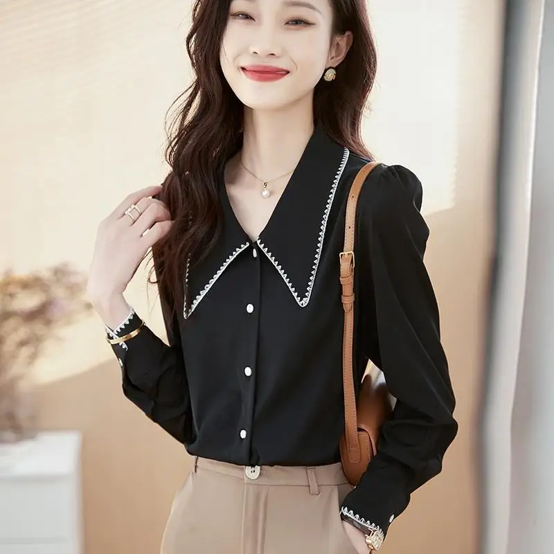 Spring Autumn New Doll Collar Long Sleeve Fashion Shirt Women High Street Casual Loose Button Cardigan Elegant All-match Tops