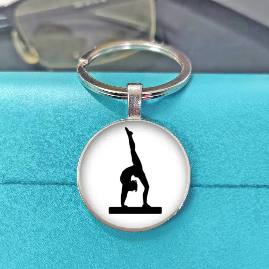 Classic Black White Gymnast Figure Glass Keychain Gymnastics Sport Charm Keyring Nice Present For Female Athletes