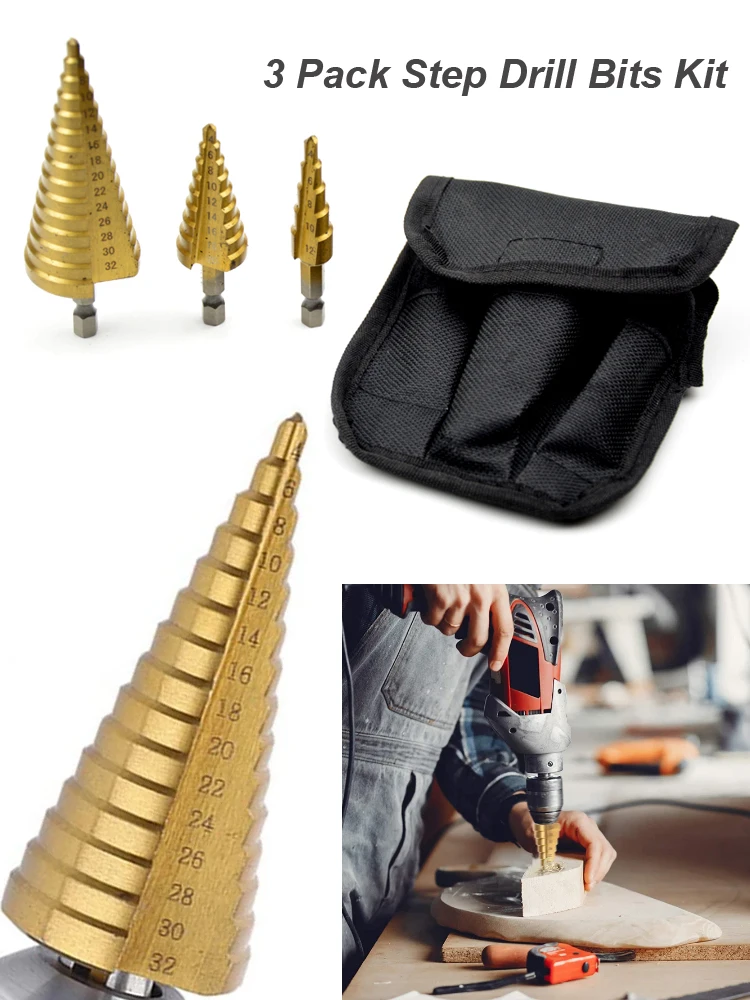 

3 Pack Step Drill Bits Titanium Coated Drilling Bit for Wood Metric 4/8/14 Steps Working 4-12mm 4-20mm 4-32mm Tower Drills Set