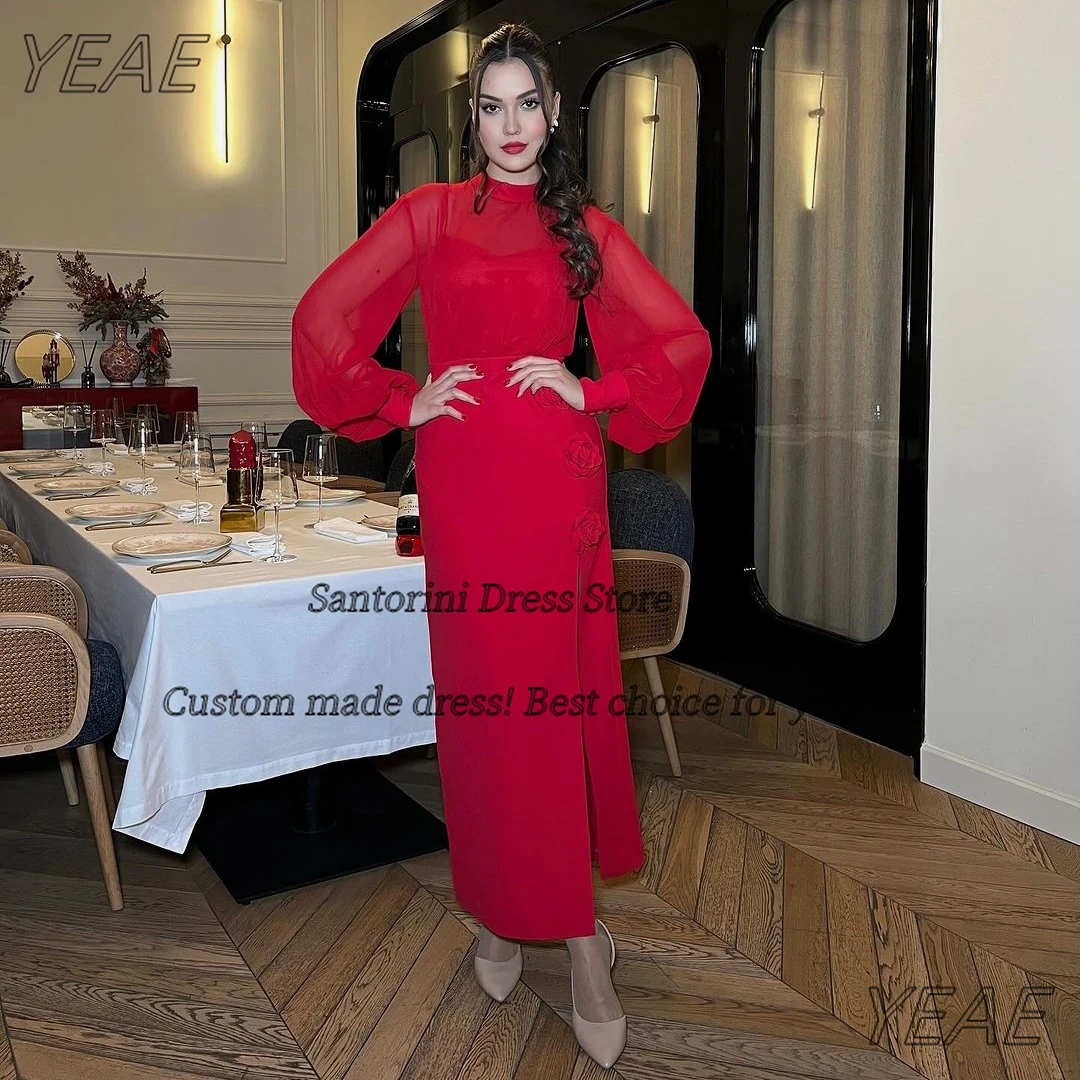 سانتوريني ذوي الياقات العالية الأحمر فساتين لحضور الحفلات الموسيقية بأكمام طويلة الزهور الجانبية الشق دبي ملابس السيدات مخصصة مأدبة فساتين السهرة #2