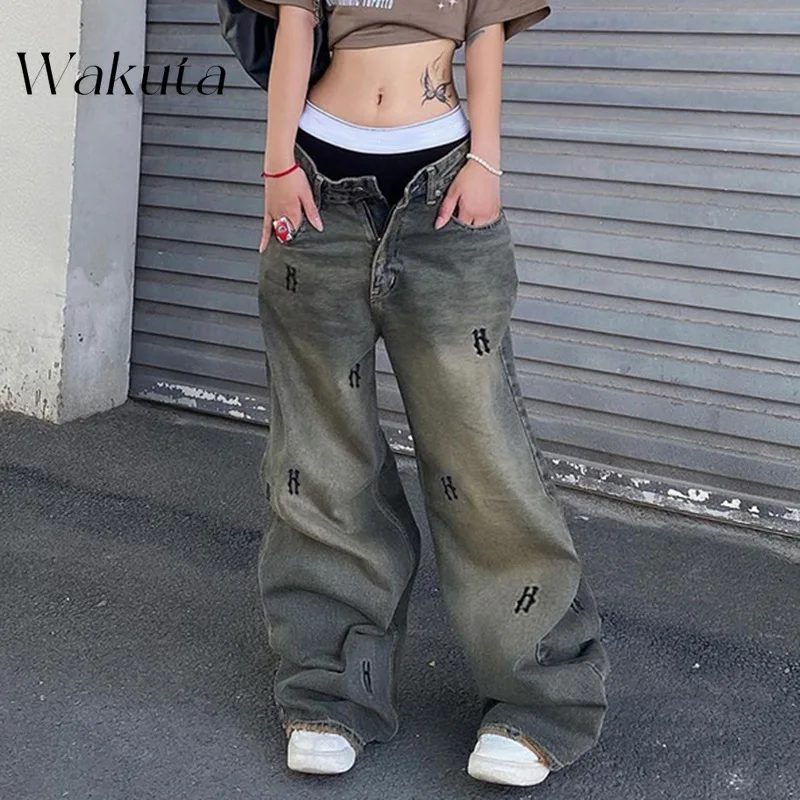 WAKUTA American Classic stile Hip-hop a vita bassa vecchia stampa semplice lettera Jeans Street pantaloni larghi Casual a gamba larga Capris femminile