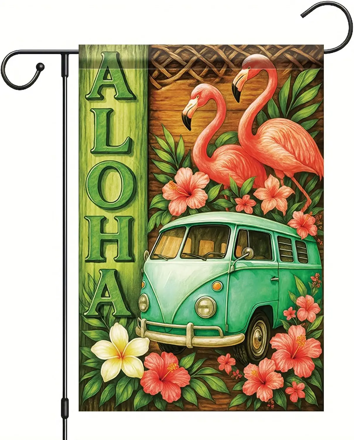 Bandera de Jardín de Verano 12x18 Pulgadas Aloha Flamingo Vintage Van Tropical Hibisco Floral Estilo Isleño para Exteriores Patio Porche Césped para S ZZM