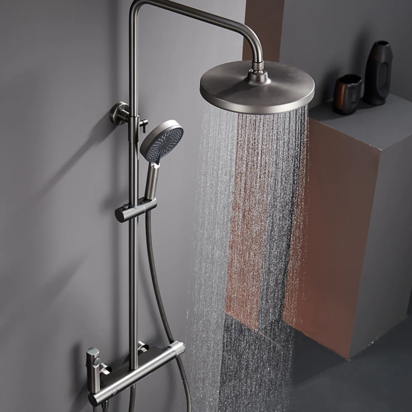 

Luxury Gun Gray Brass Shower System, Simple Design, Cold Hot Dual Control, Waterfall Style Outlet Bathroom Faucet