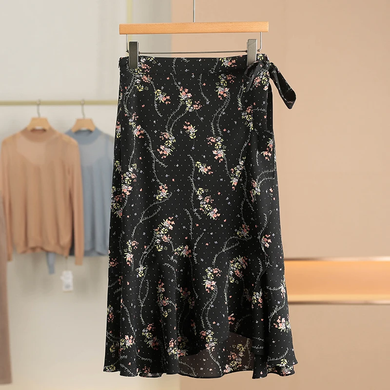 

Ele Floral Print Waist-cinching Sari Summer New Arrival Mid-length A-line Midi Skirt Lightweight Polyester Fabric Women