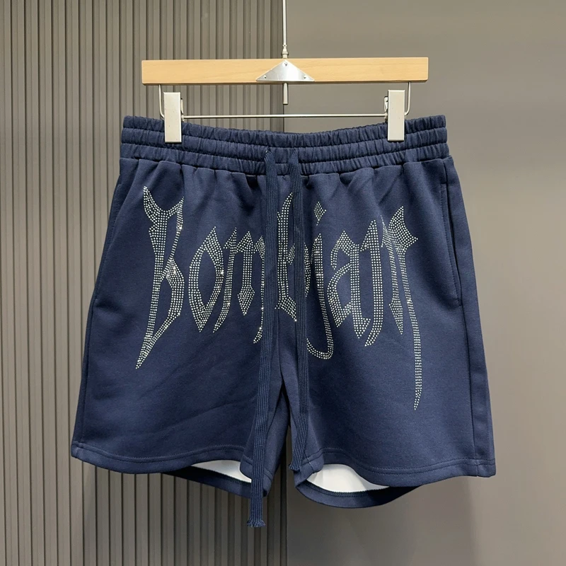 

Trendy Fashion Embroidery Rhinestone Shortpants Men Women Black Blue Loose Drawstring Casual Shorts