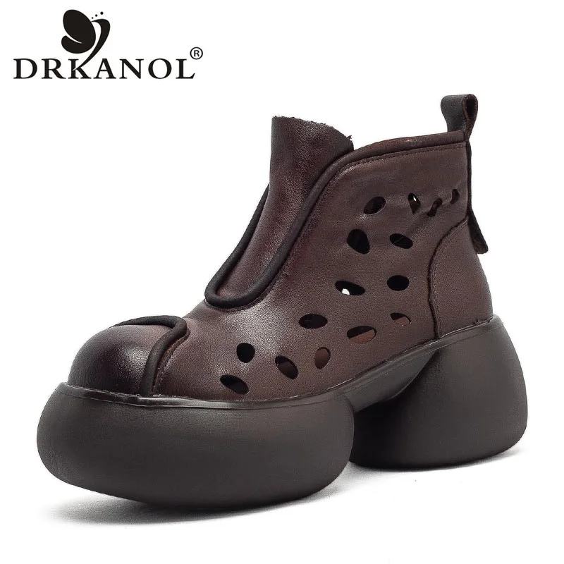 DRKANOL Women Chunky Platform Cool Boots Summer With Holes Breathable Big Toe Genuine Cow Leather Thick High Heel Ankle Boots